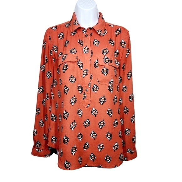 Loft Western Feather Print Burnt Orange Blouse - Picture 1 of 8